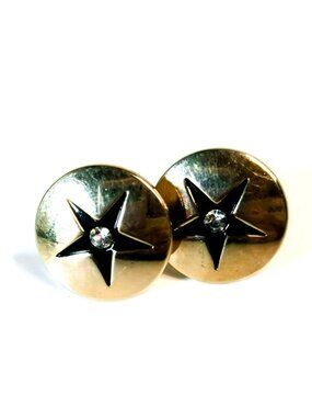 Vintage Swank Gold-Tone Black Star Starburst Round Cufflinks Rhinestone Accent
